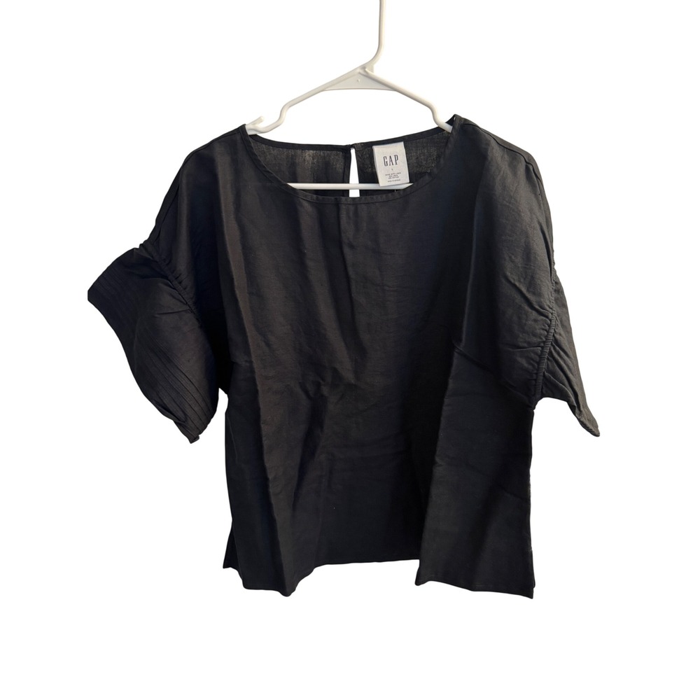 Gap Blouse Womens Large Black Linen Cotton Pintuck Flutter Sleeve Top